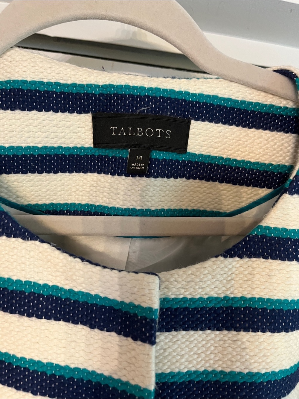 Talbots Cream, Navy & Teal Striped Collarless Jacket